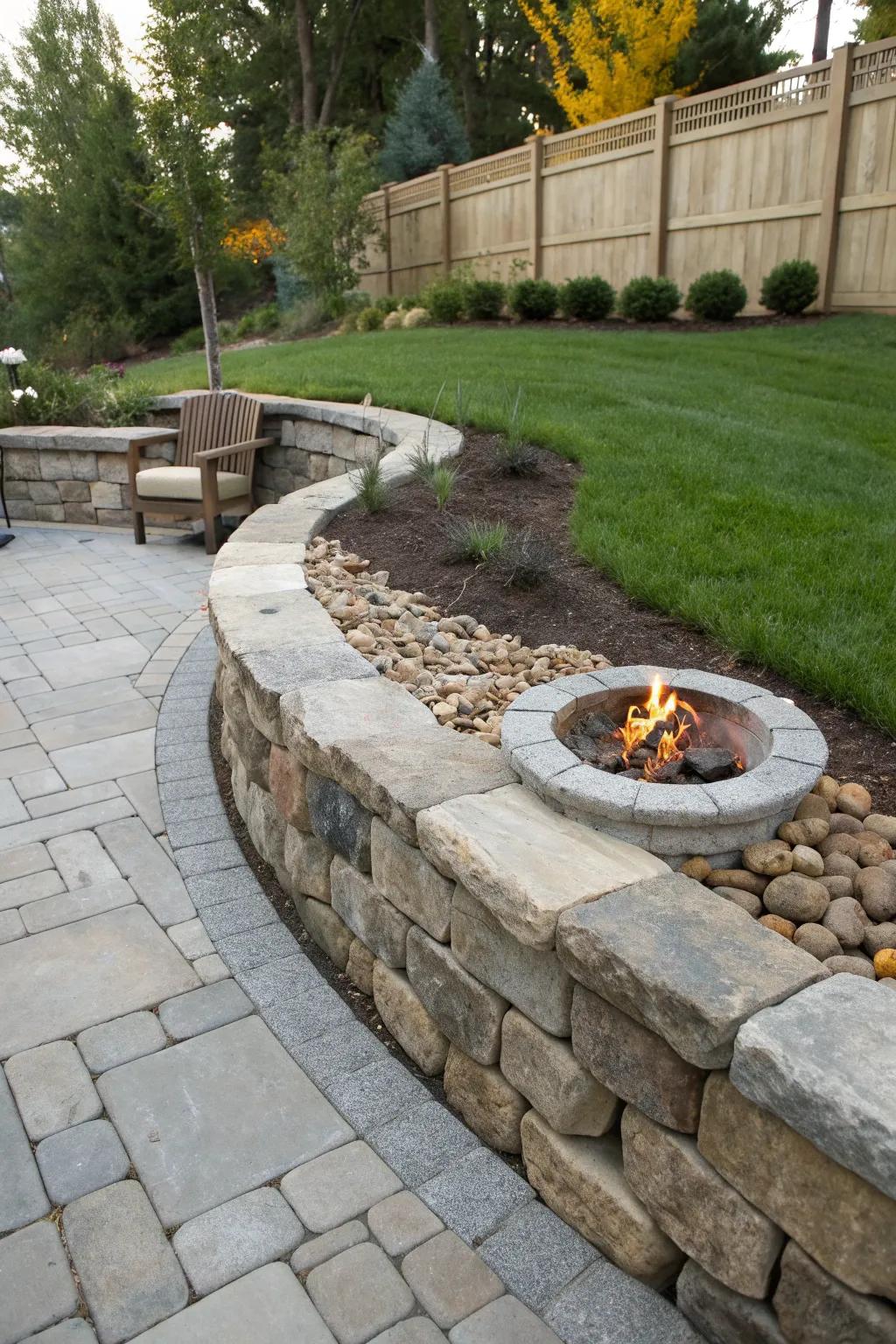 Fire pit integrated into the retaining wall for warm, inviting gatherings.