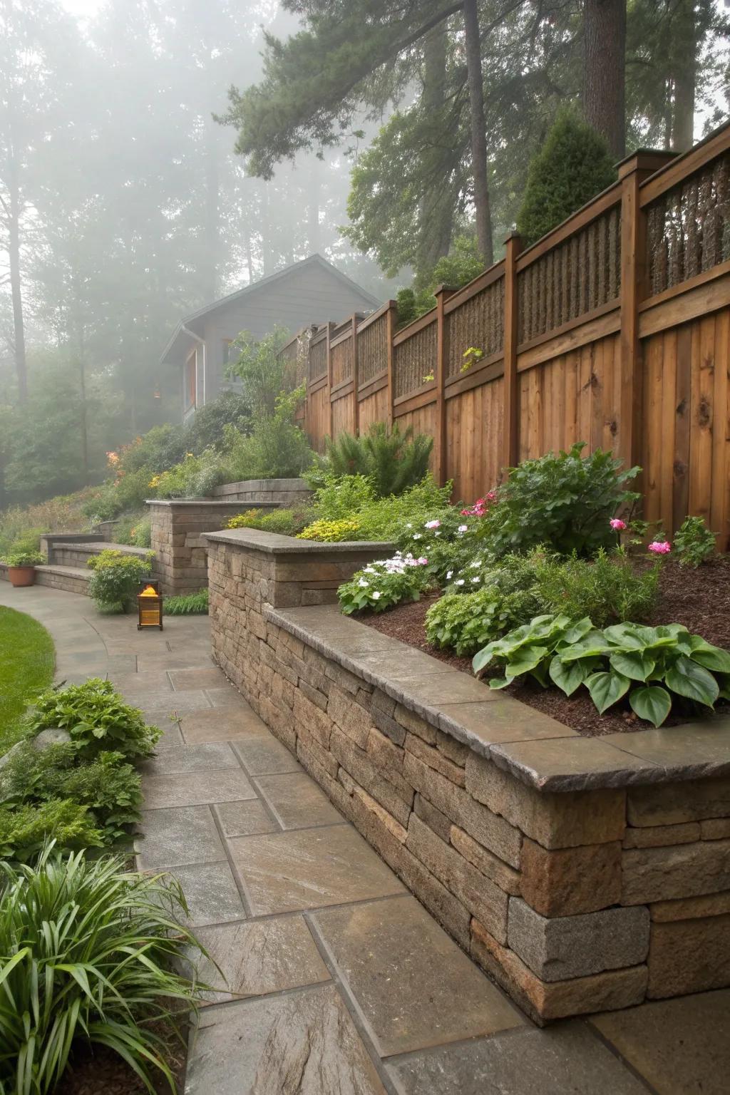 A unique fusion of wood and stone adds warmth to the garden.