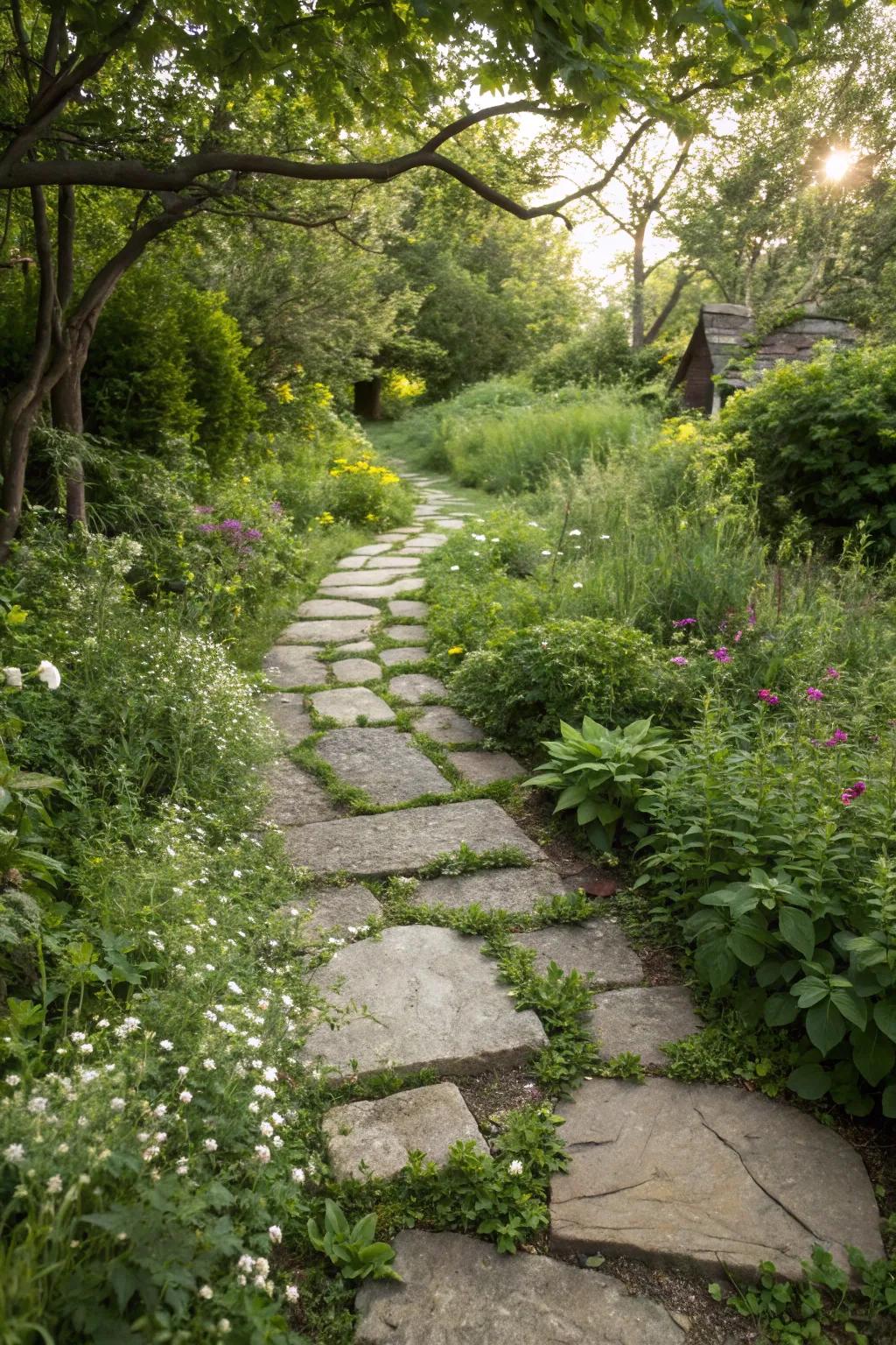 Randomly laid stones create a rustic garden path.