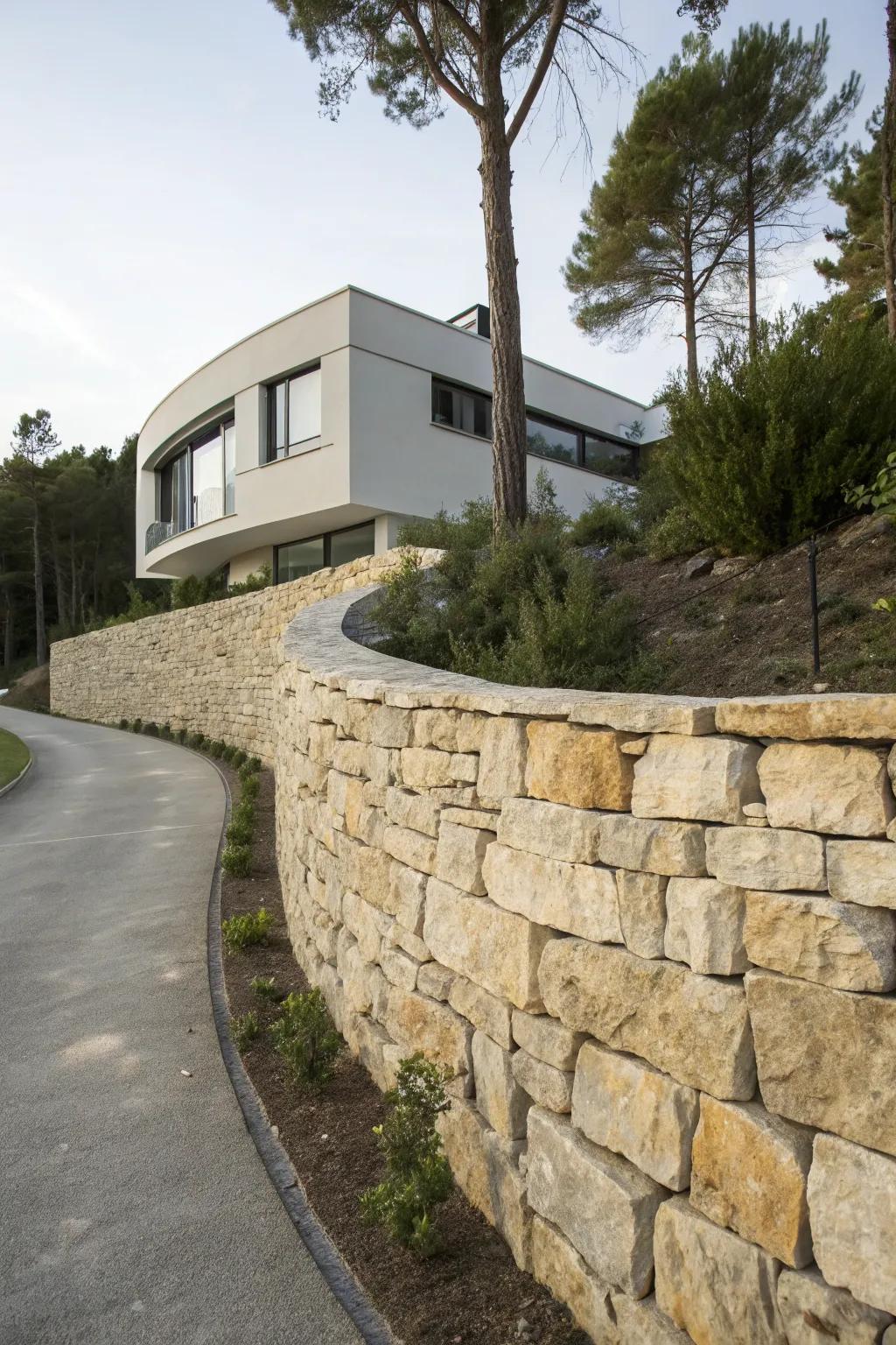 Curved stone walls soften the lines of a home's exterior.