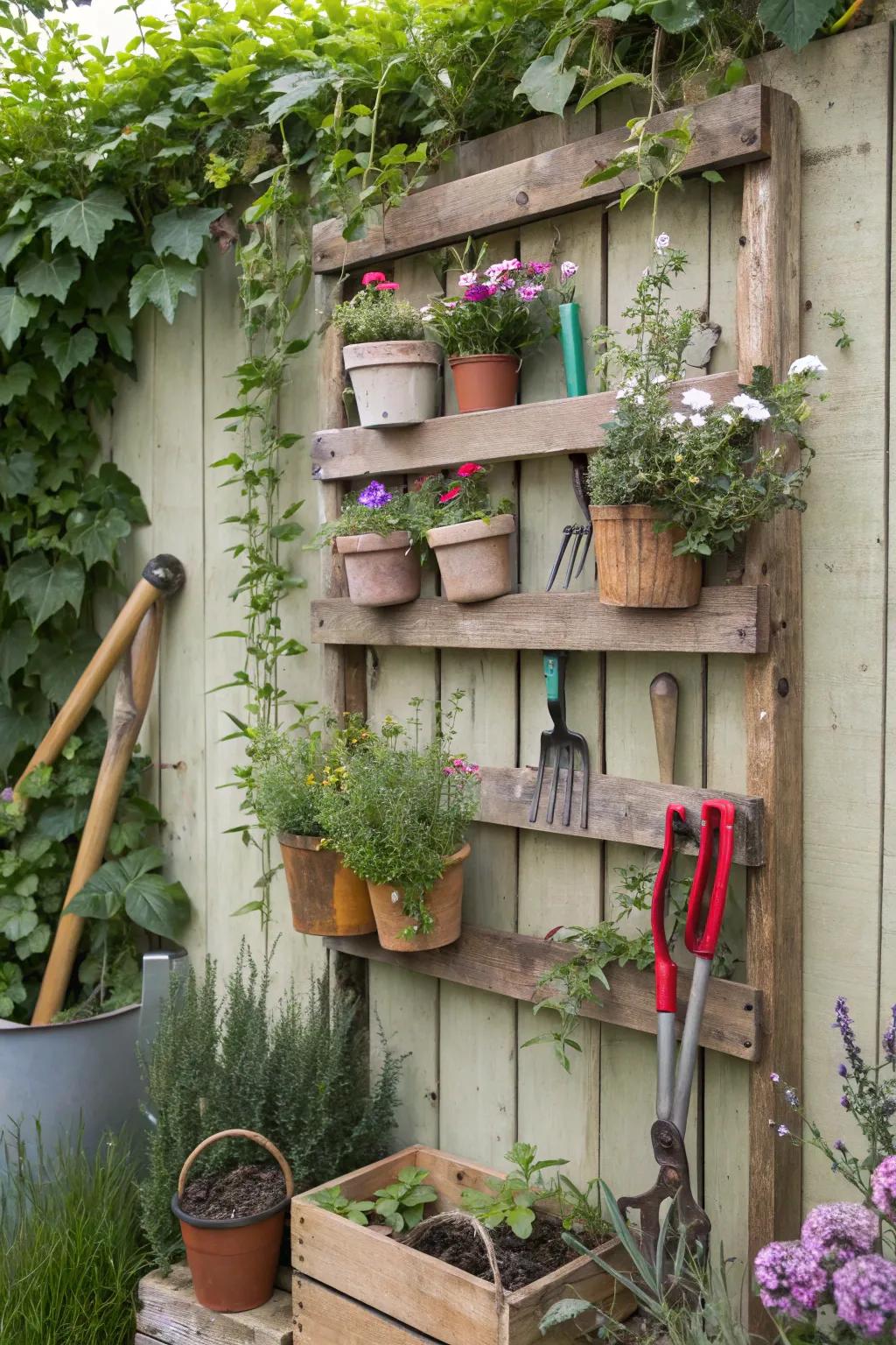 Eco-friendly storage with repurposed wood racks.