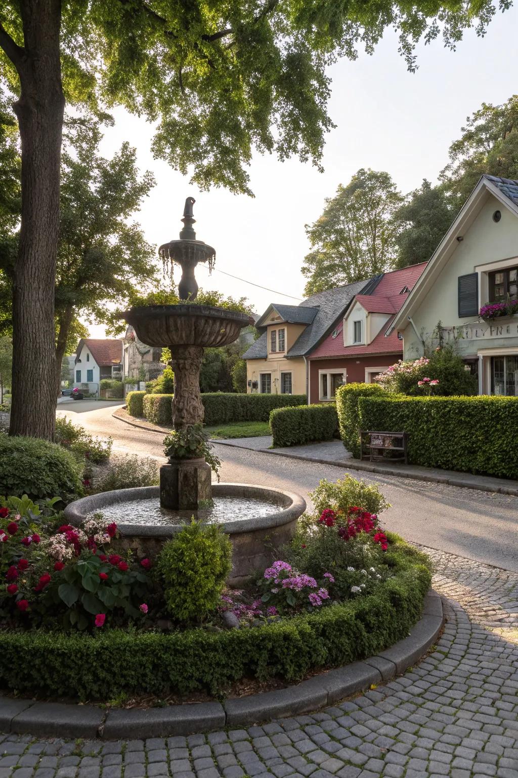 A fountain adds elegance and charm as a focal point.