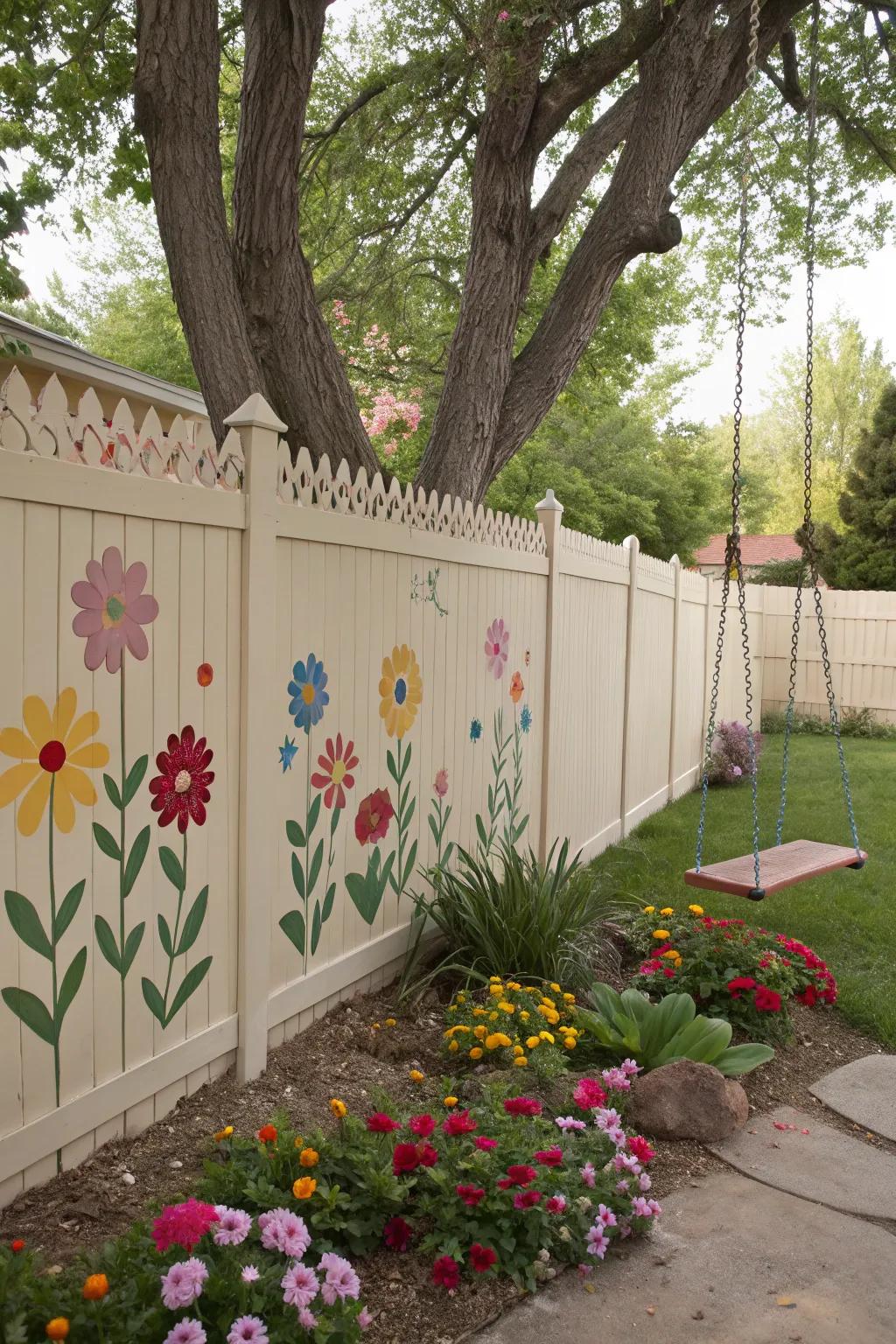 Whimsical stucco fence with playful cutout designs.