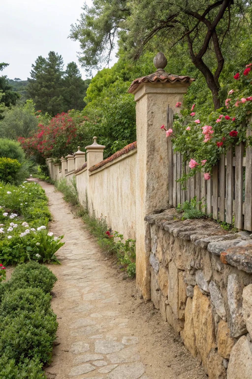 Stucco wall with a natural stone base for a rustic charm.