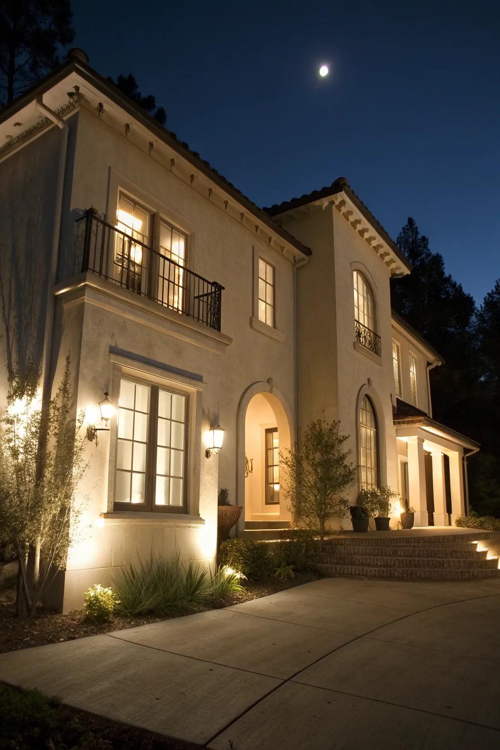 Stucco house with elegant lighting accents.