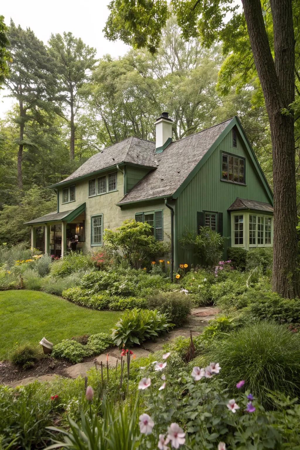 Hunter green stucco blends beautifully with lush, wooded environments.