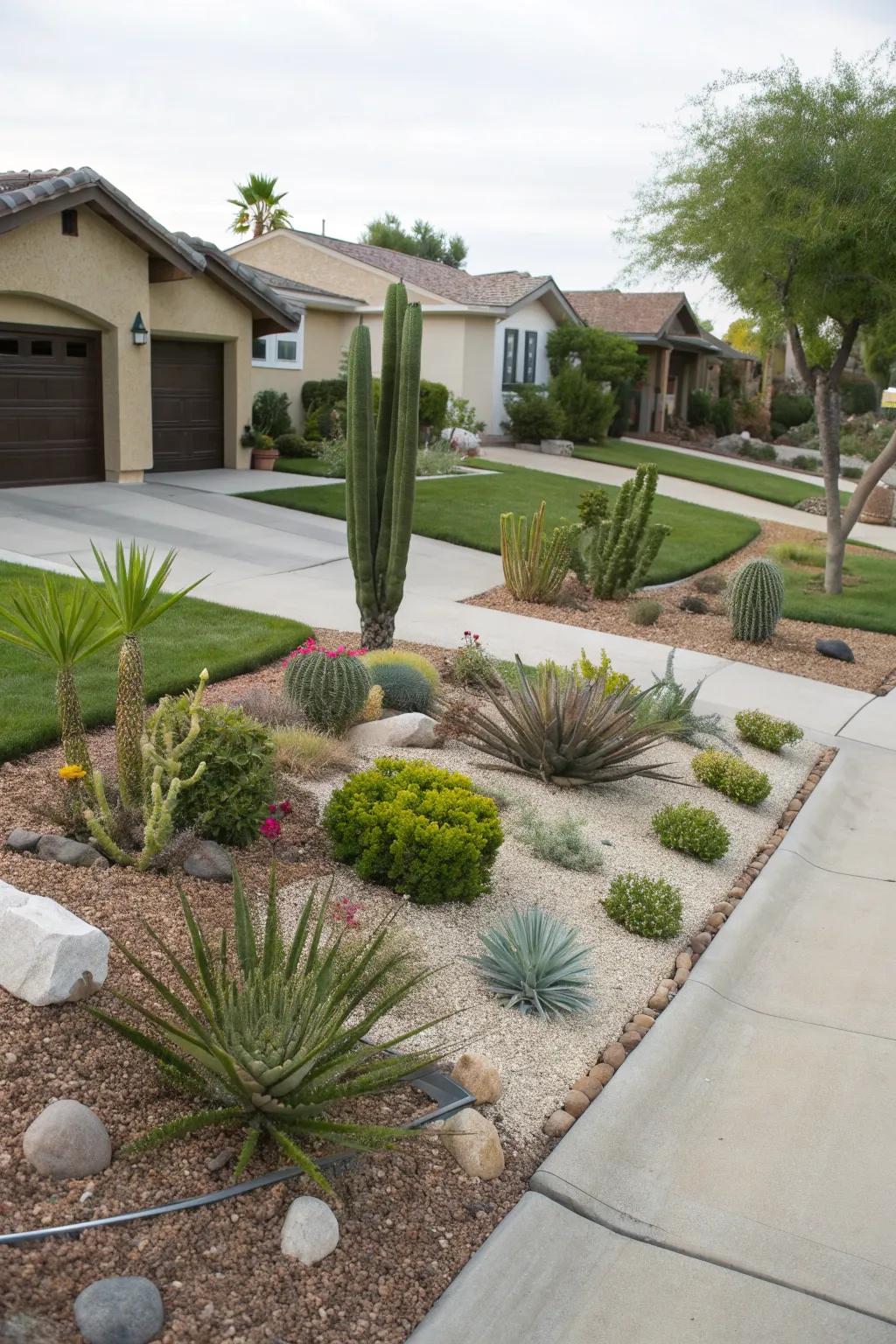 Xeriscaping provides a sustainable and low-water alternative for this yard.