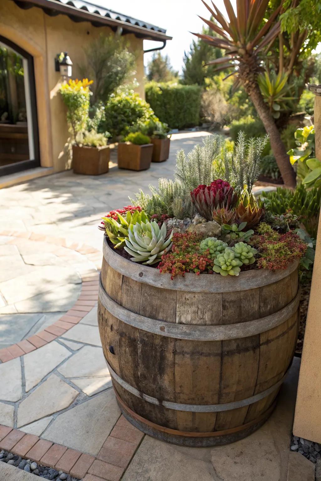 Wine barrels are perfect for large succulent displays