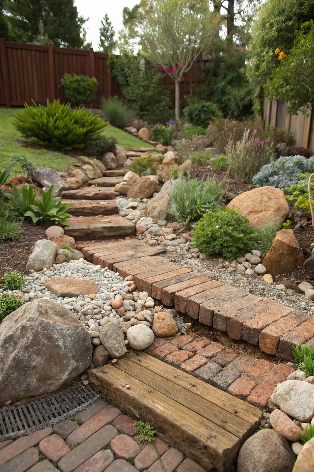 Recycled materials provide character and sustainability to the garden.