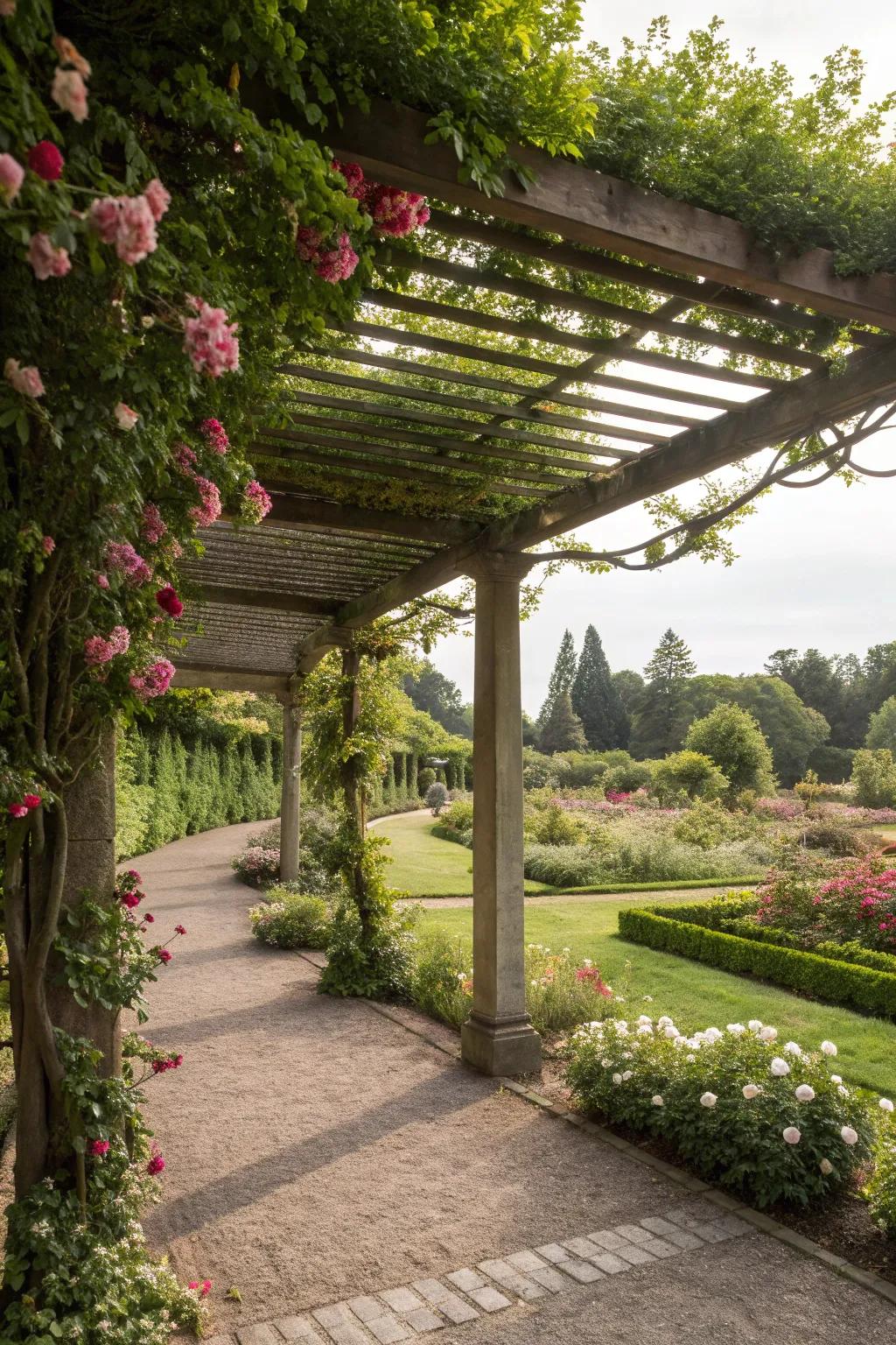 Pergola adding shade and beauty to the garden.