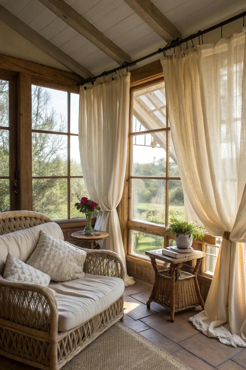 Natural fabrics enhance the sunroom's airy atmosphere.