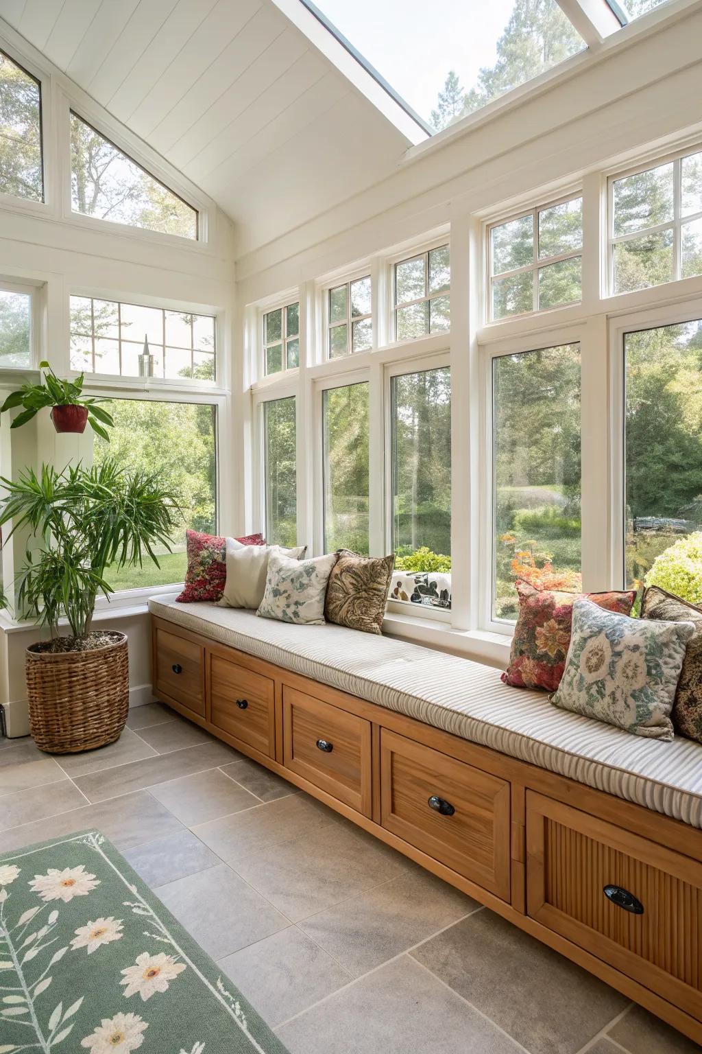 Built-in storage solutions keep the sunroom tidy and functional.