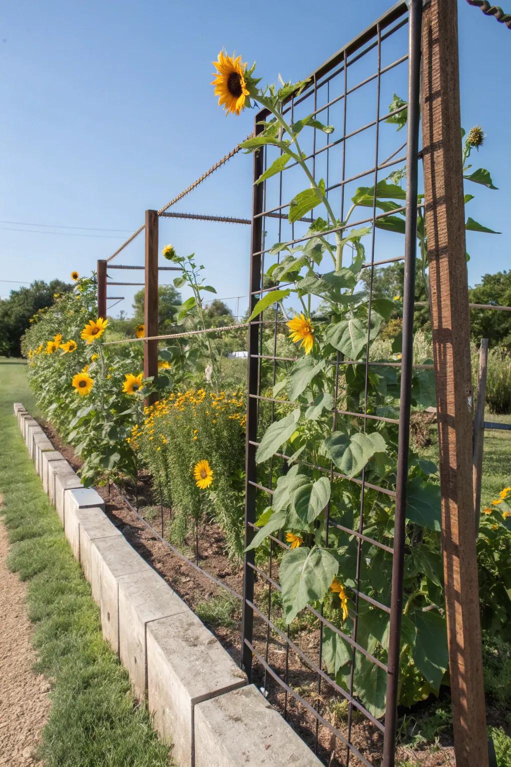 A sturdy cattle panel trellis supporting robust sunflowers.