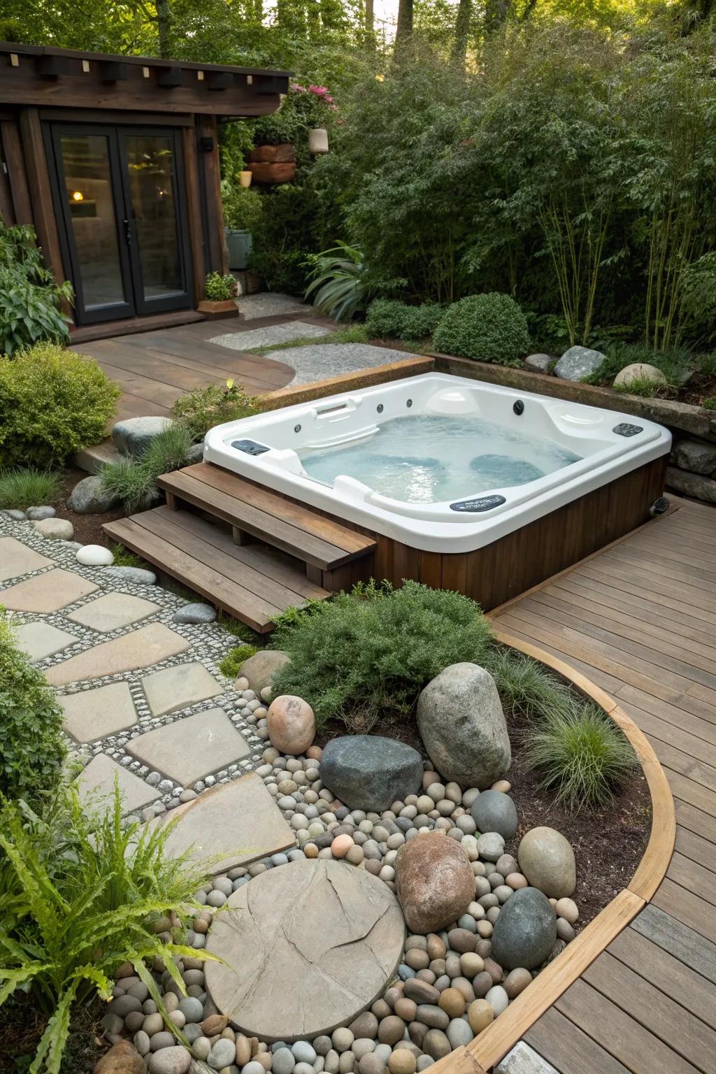 A sunken hot tub deck surrounded by calming Zen garden features.