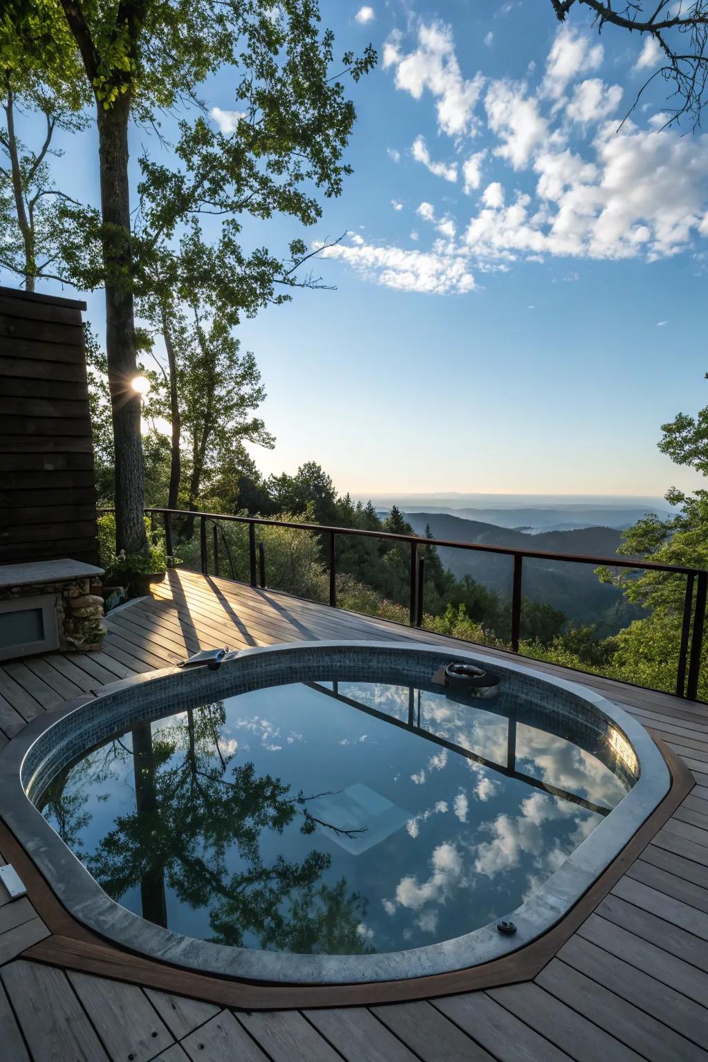 Reflective surfaces heighten the beauty of this hot tub space.