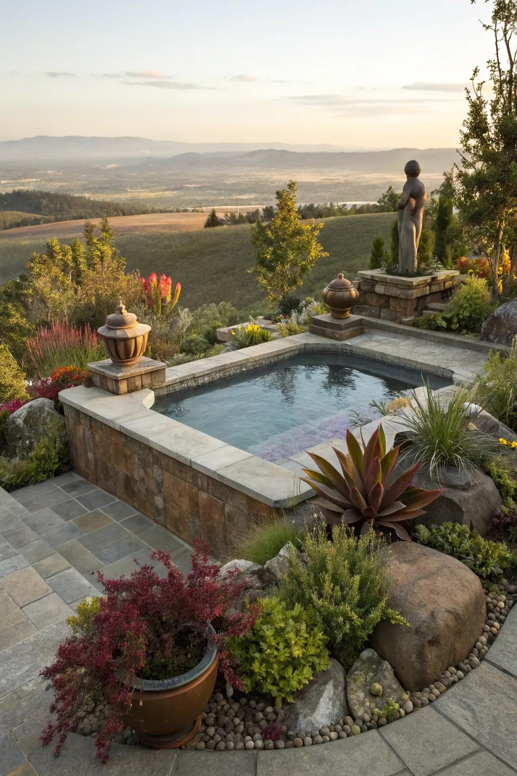 Artful landscaping seamlessly integrates your hot tub with nature.