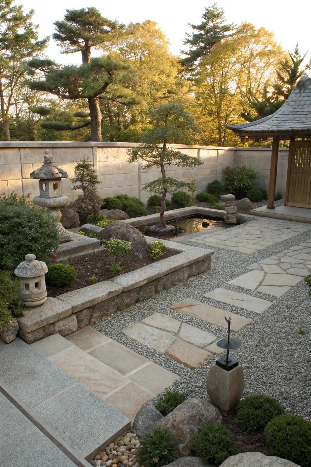 Zen garden elements create a peaceful retreat in this sunken patio.