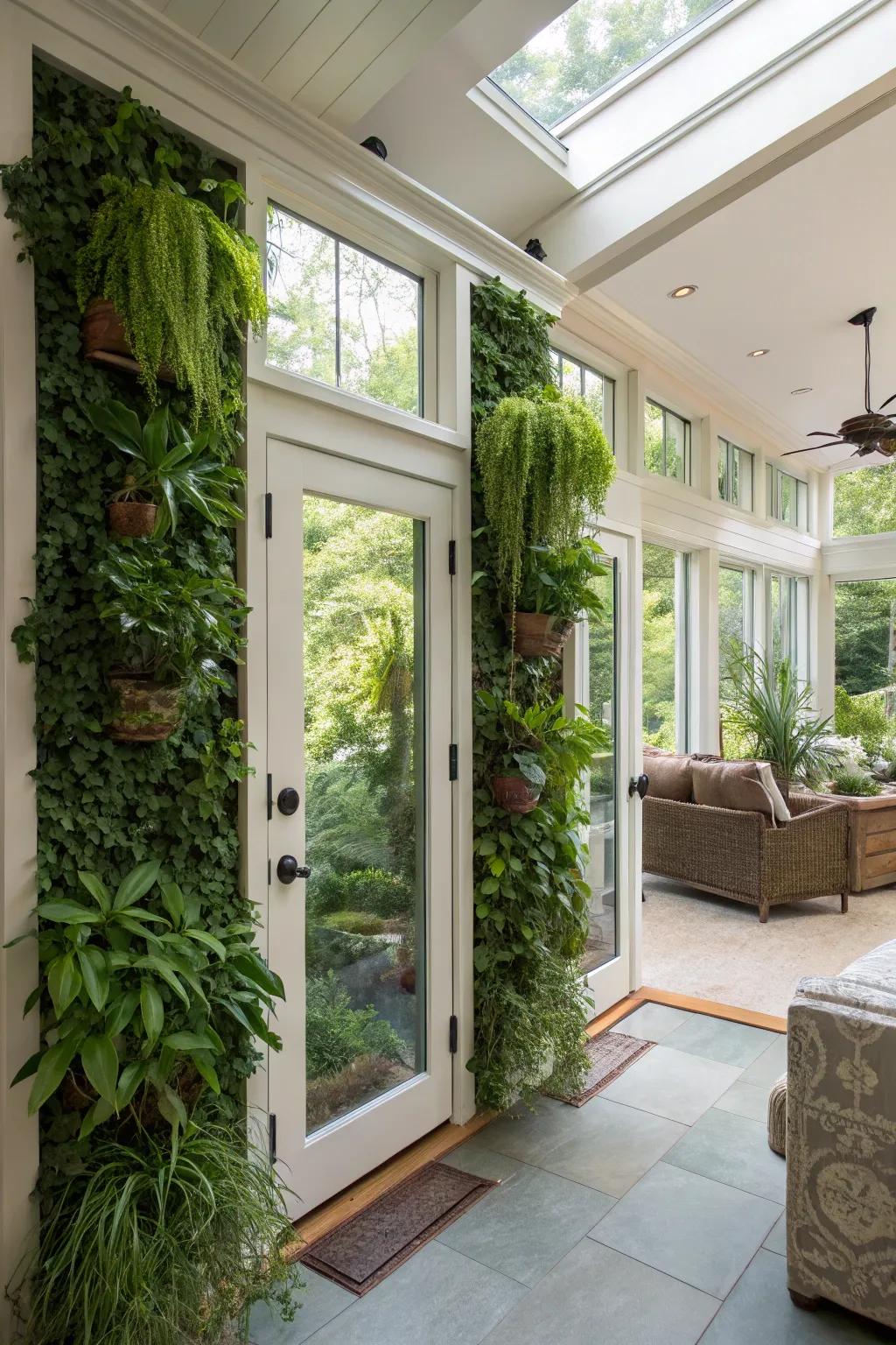Living wall doors integrating nature and design in the sunroom.