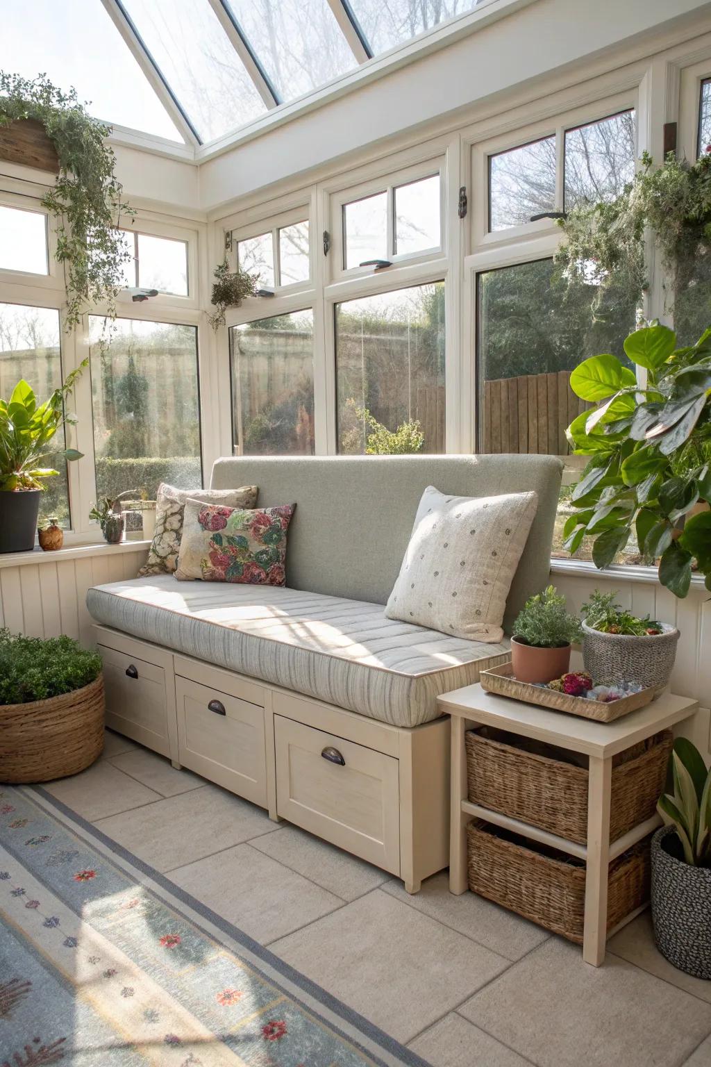 Multifunctional furniture keeps the sunroom practical and chic.