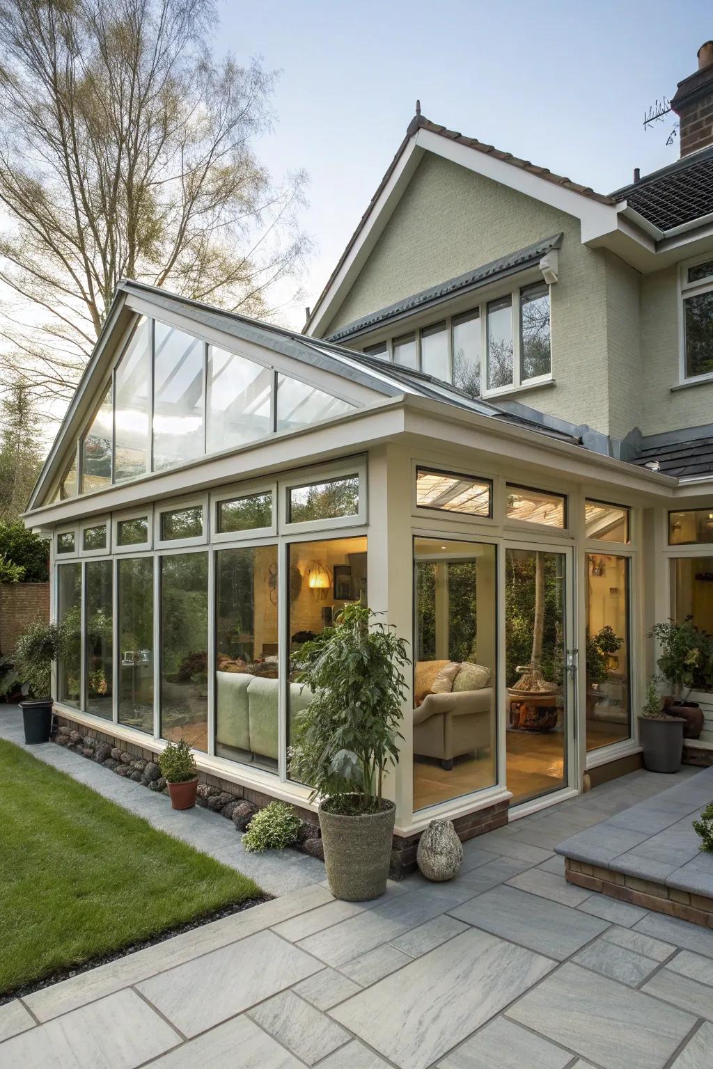 Roof extensions create a seamless transition from home to sunroom.