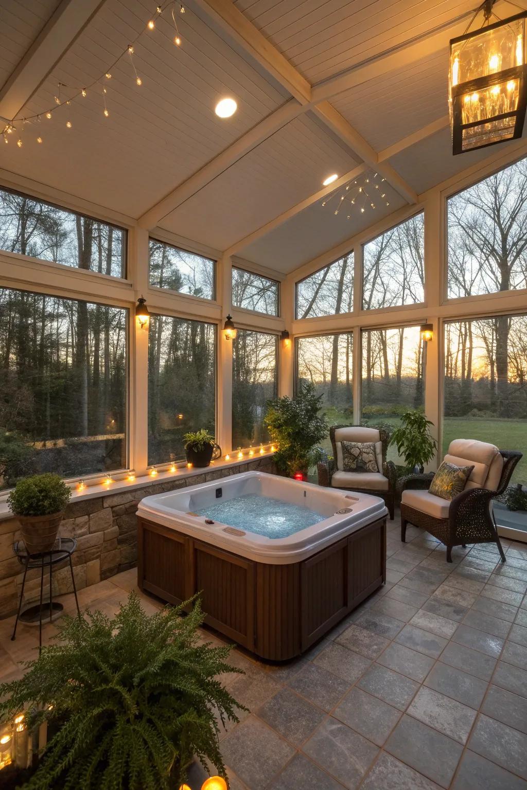 Mood lighting sets the perfect tone for relaxation in the sunroom.