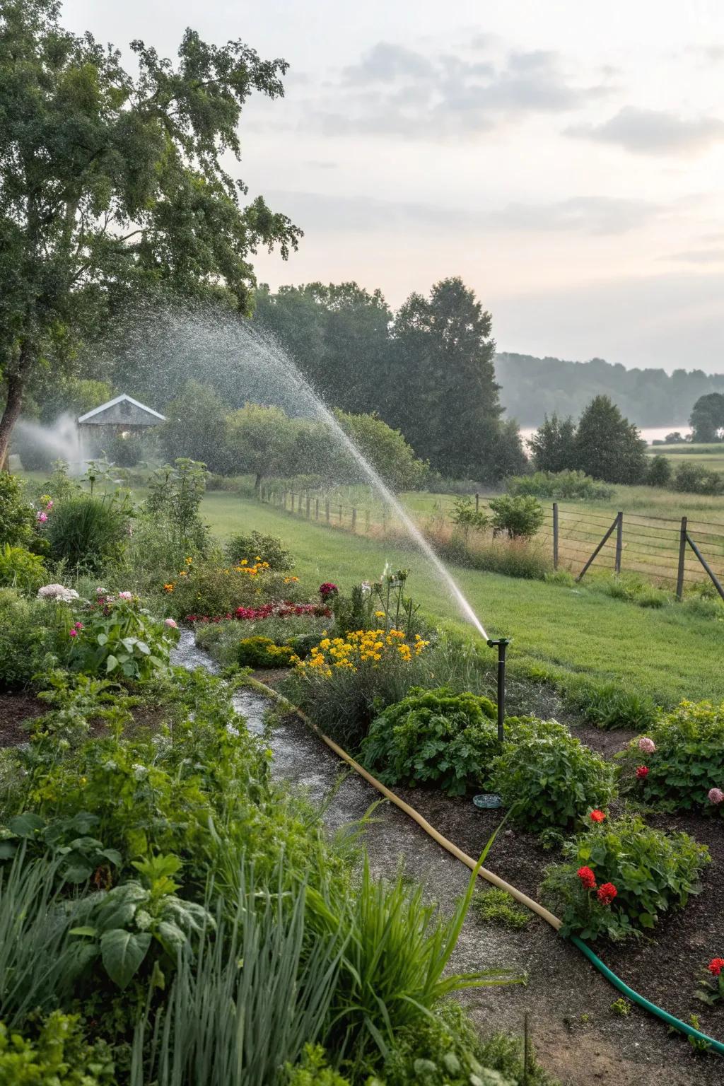 An efficient irrigation system utilizing harvested rainwater.