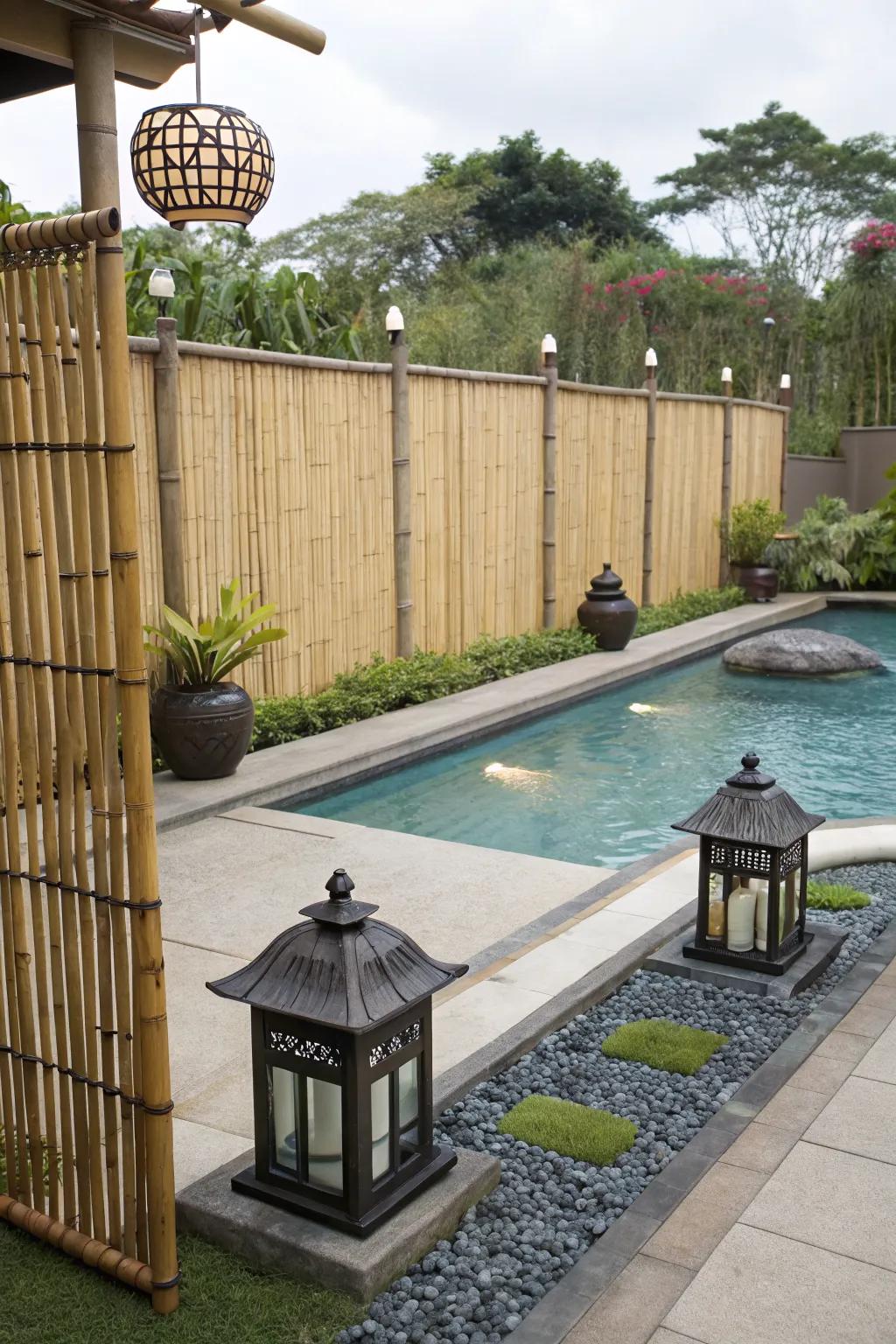 Bamboo fencing offers a serene and unique aesthetic for pool borders.