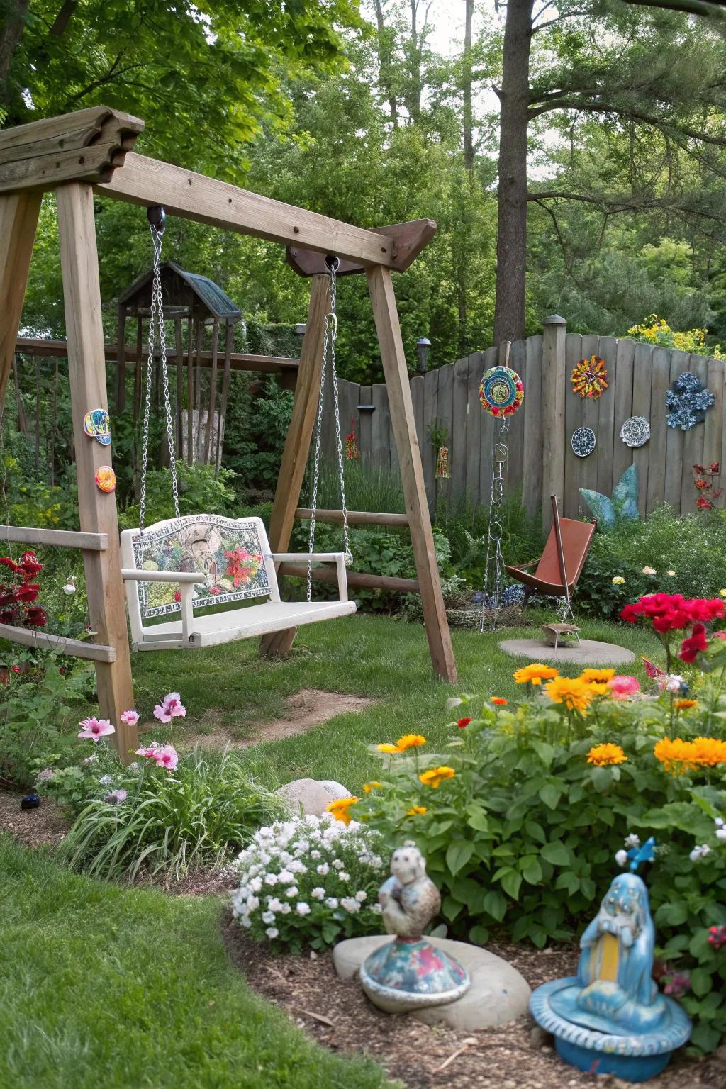 A backyard swing set surrounded by artistic sculptures for a unique touch.