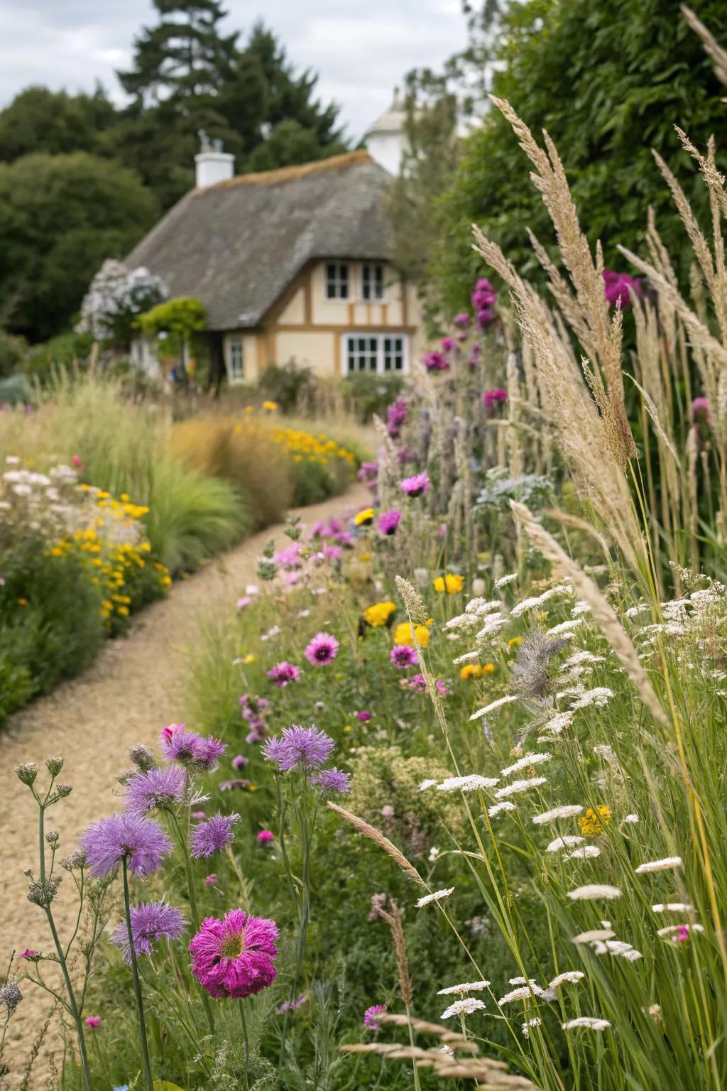 Tall grasses adding a modern touch to a classic cottage garden.
