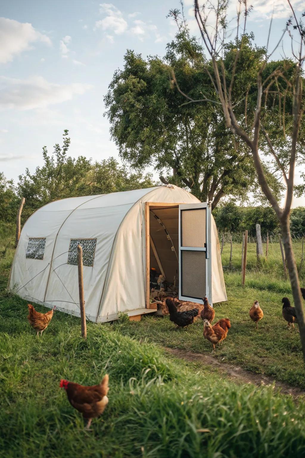 A versatile pop-up tent serving as a temporary chicken coop.