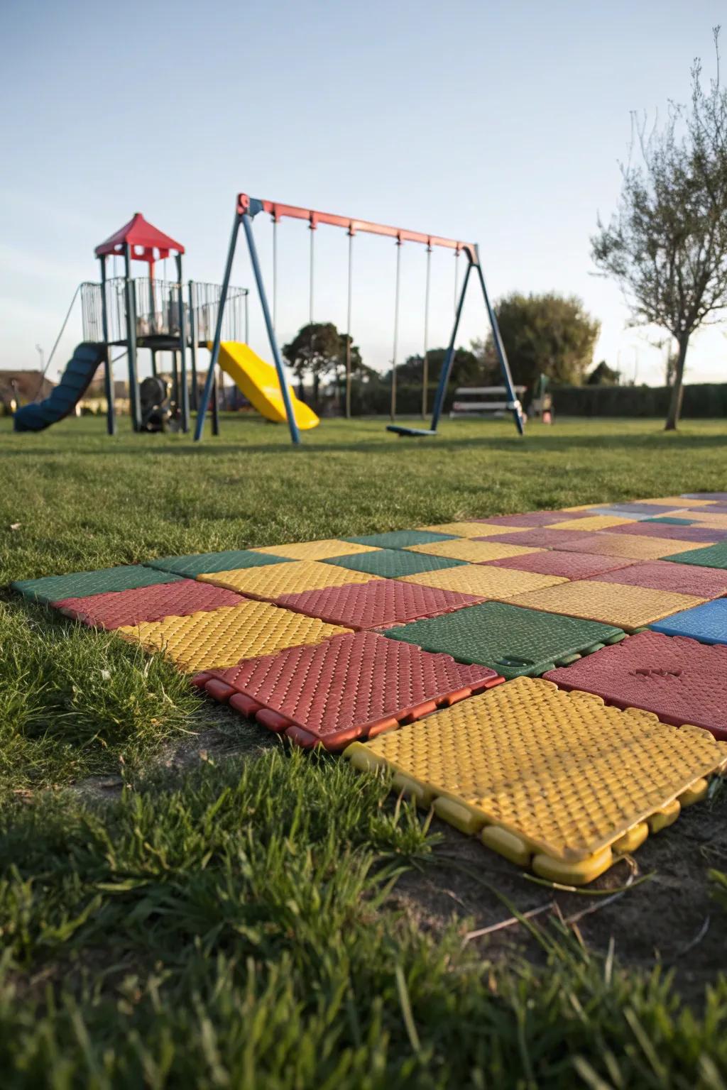 Rubber tiles are perfect for creating a safe play area on grass