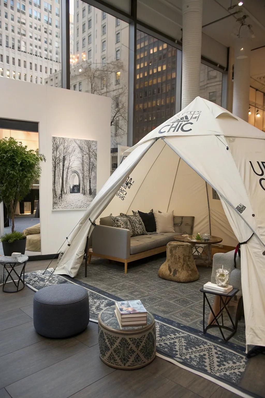 An urban chic tent featuring sleek furniture and modern art.