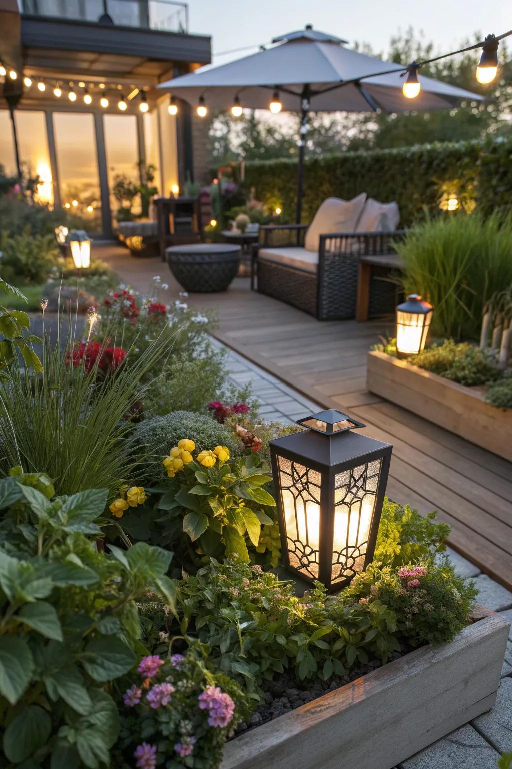 Creative lighting enhances the garden's charm after dark.