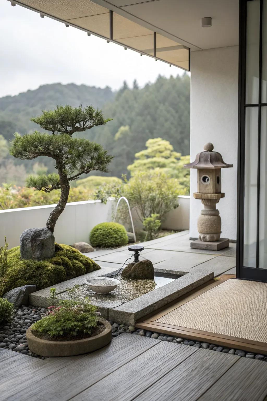 A Zen-inspired terrace offers a peaceful and minimalist retreat.