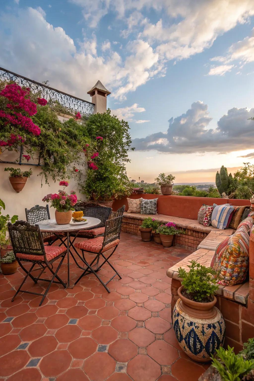 Create a cozy oasis with warm terracotta tiles.