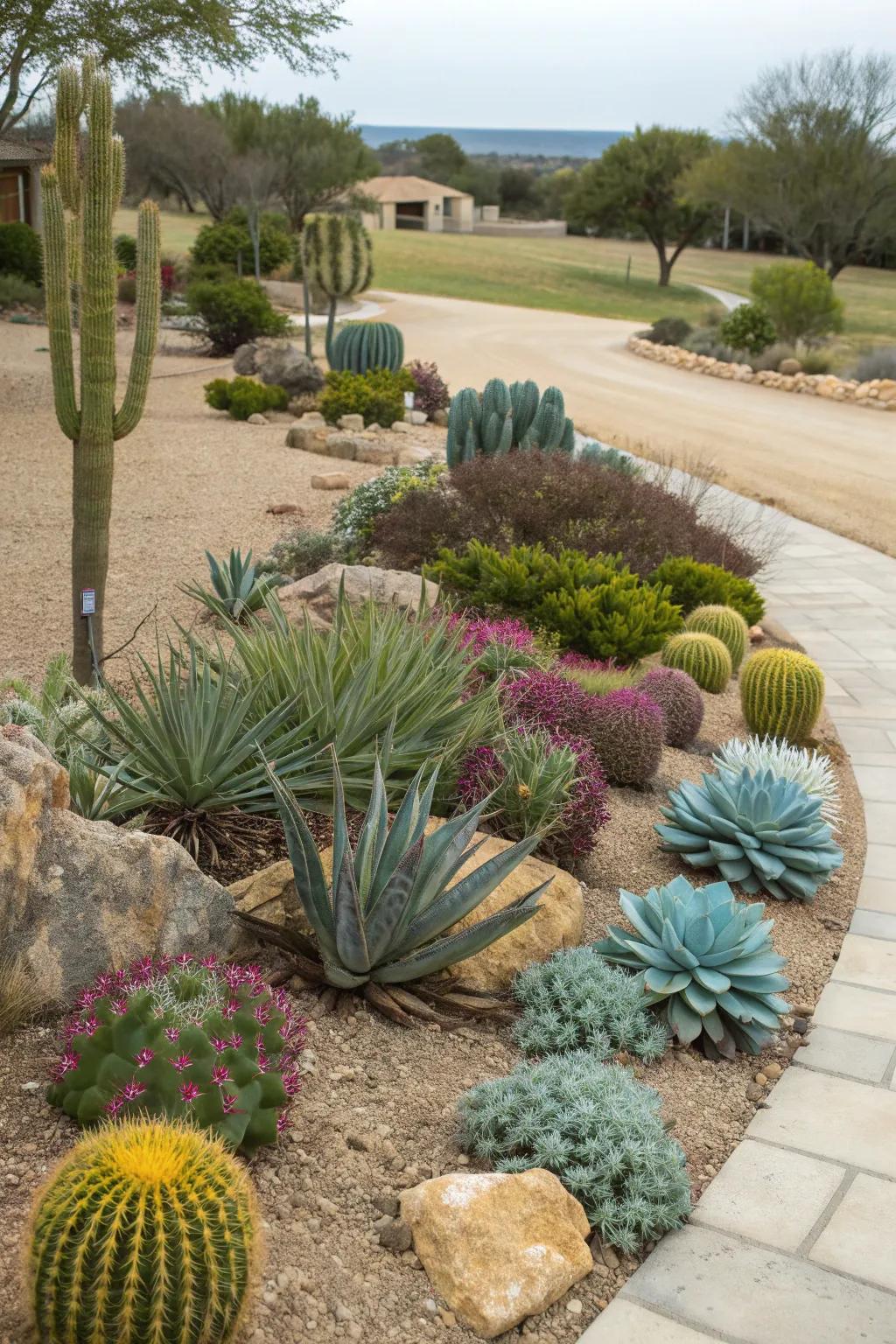 Cactus and succulents providing a sculptural garden touch.