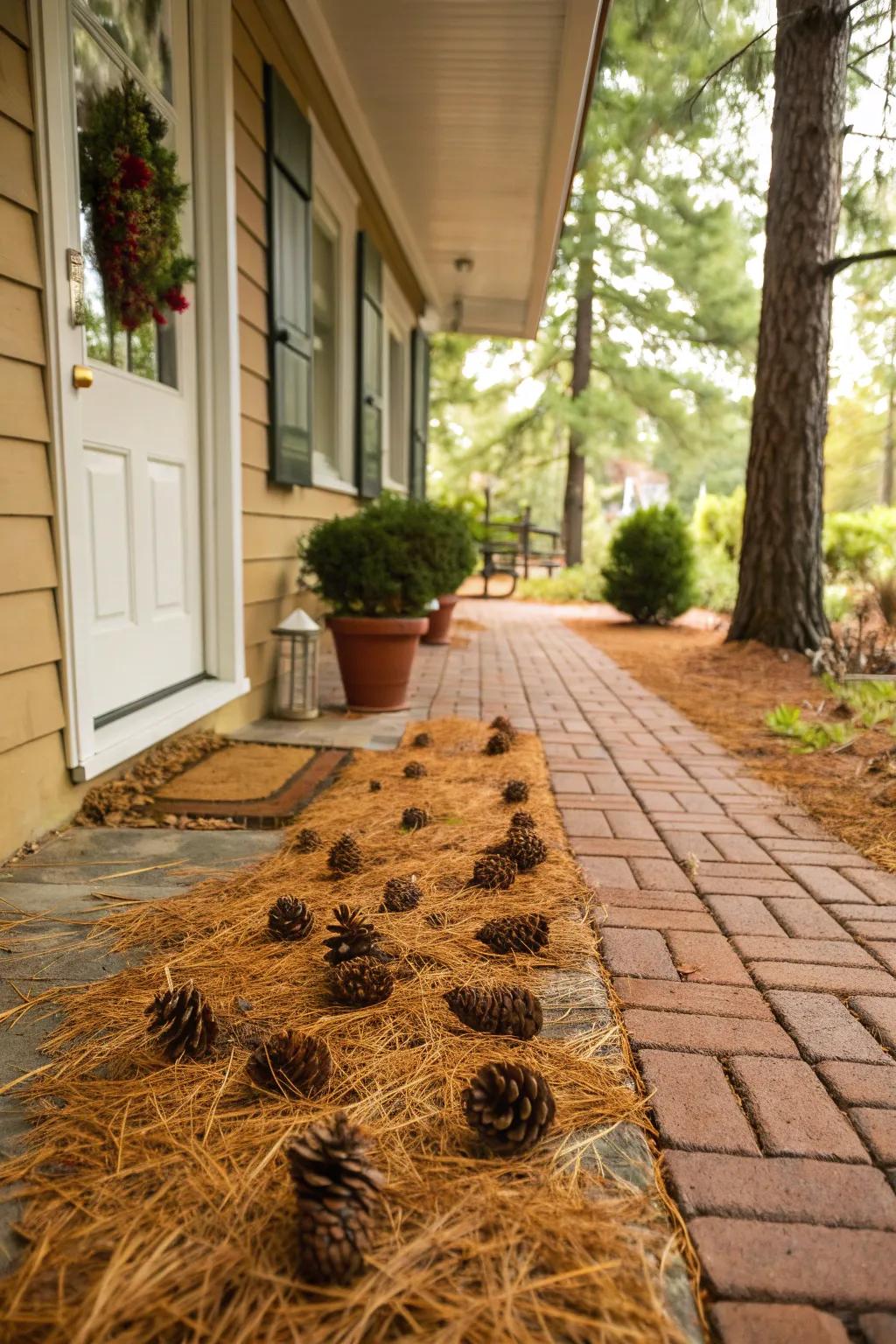 A pinecone-lined pathway adds woodland charm.