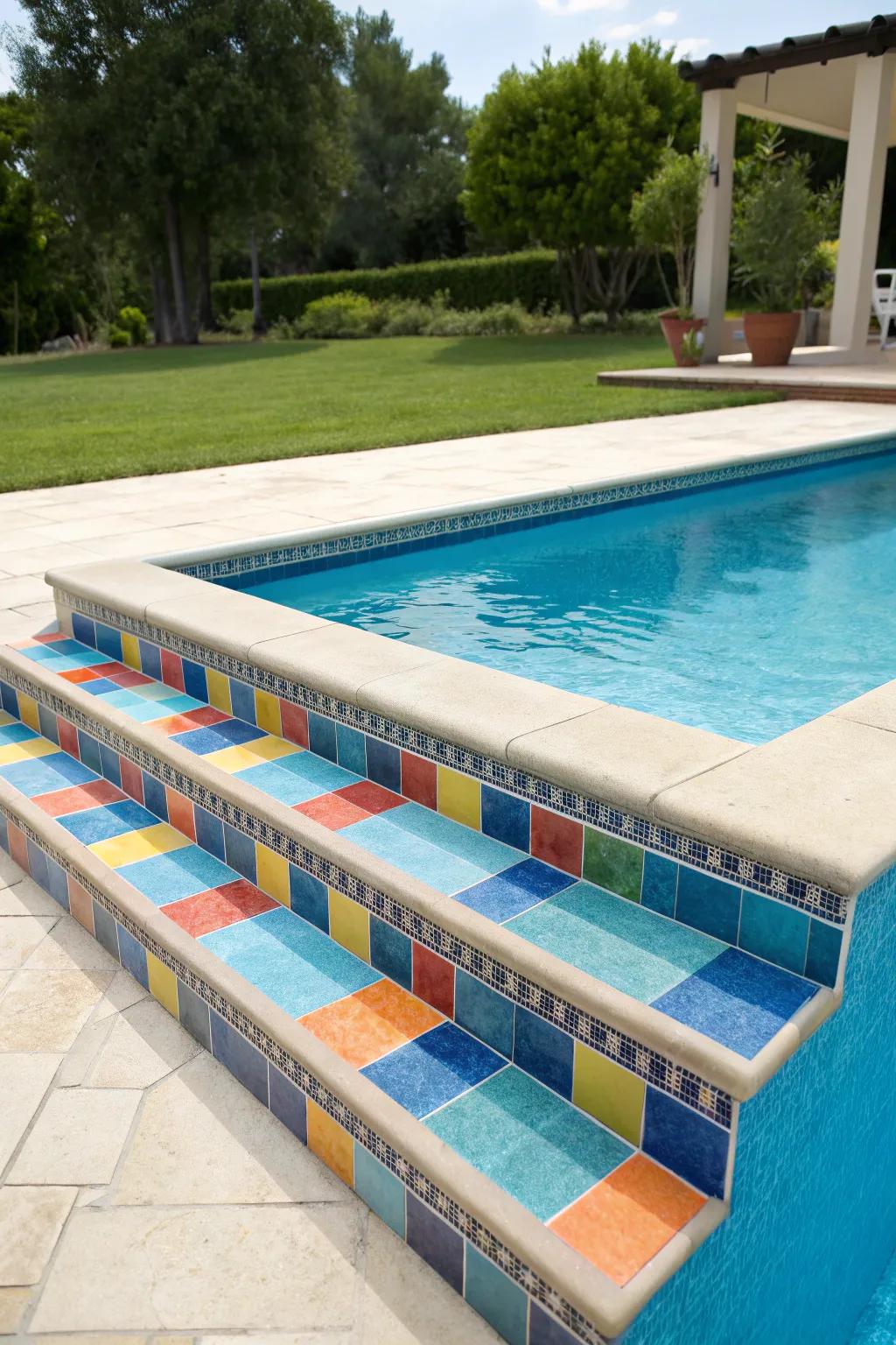 Brighten your pool with colorful tile accents.