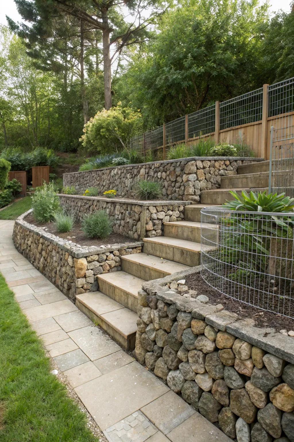 Gabion walls provide strength and a contemporary look.