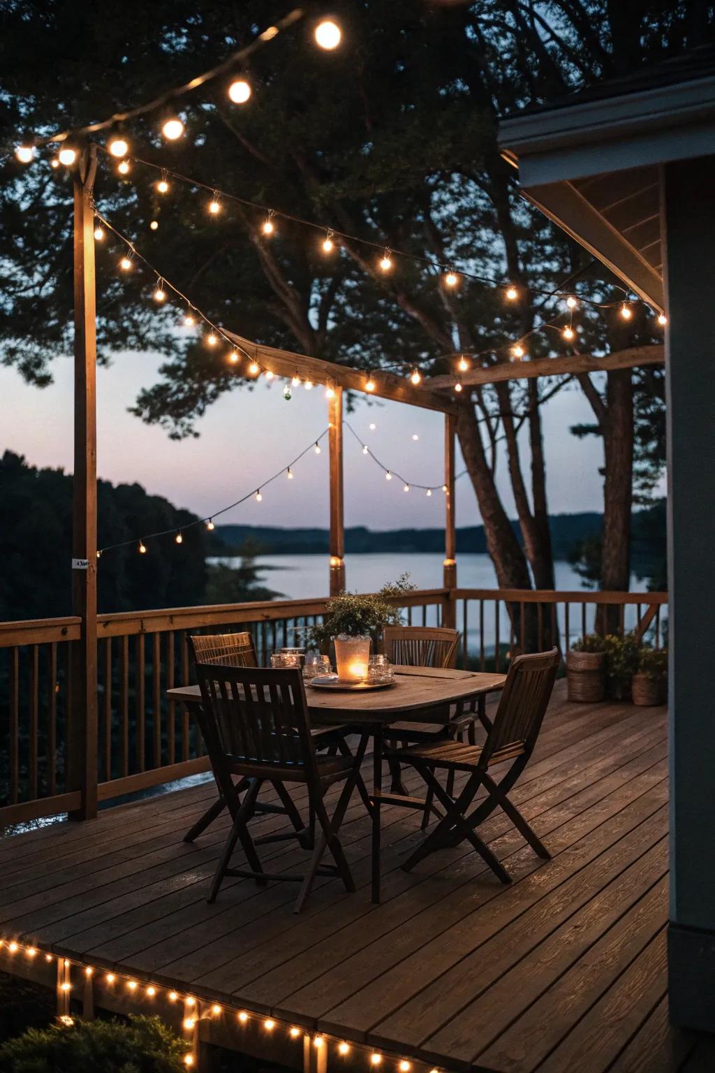 A charming dining nook on a tiered deck.