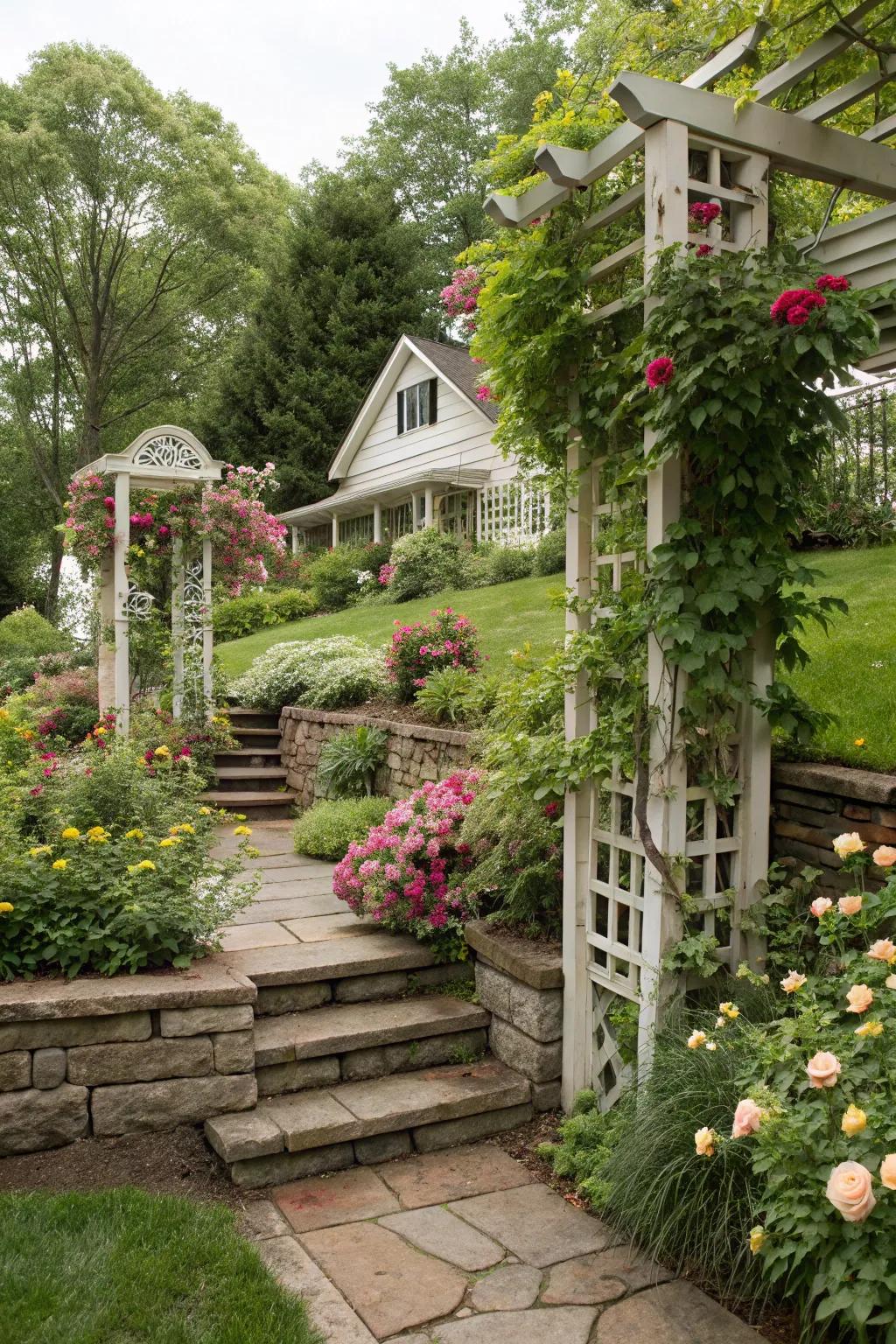 Trellises with climbers add vertical interest and lushness.