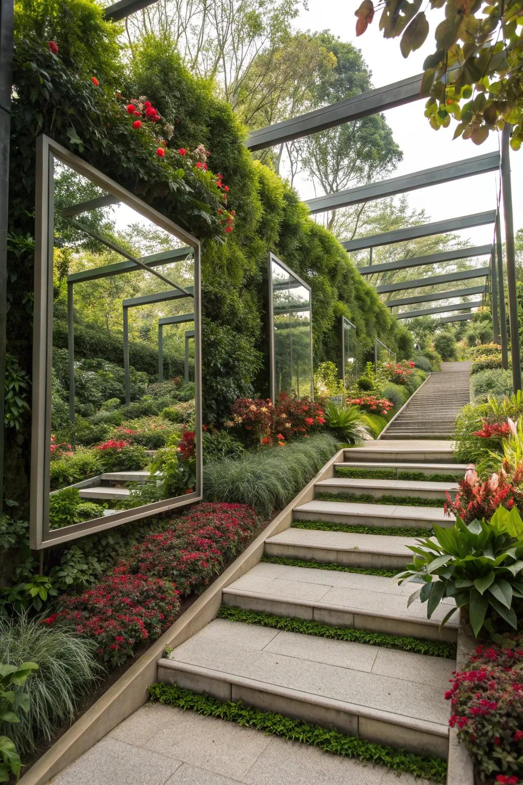 Mirrors create an illusion of space and light in tiered gardens.