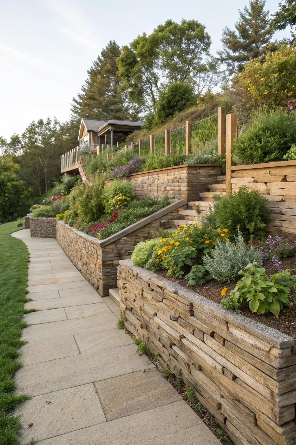 Eco-friendly materials and native plants create a sustainable retaining wall design.