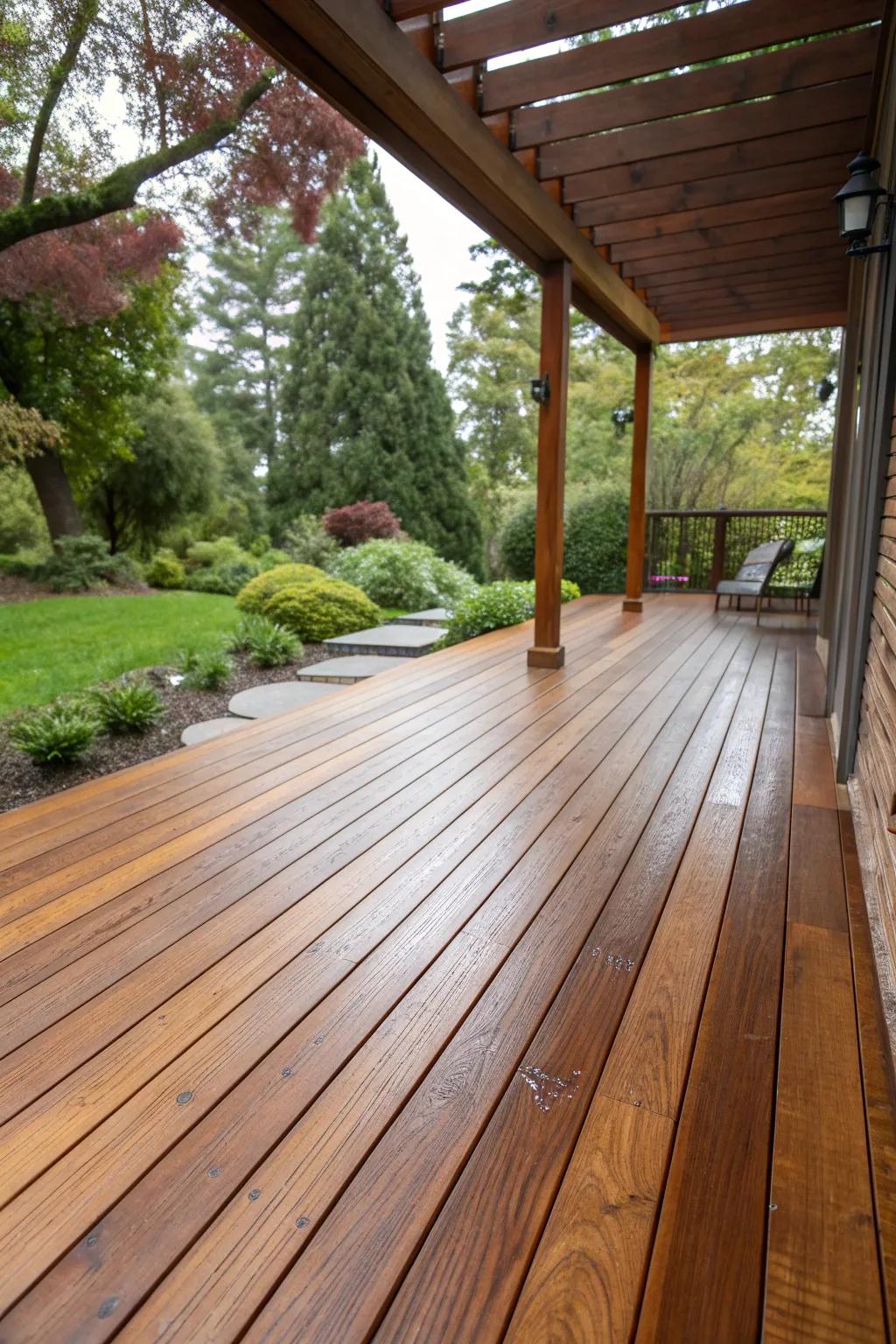An oiled timber deck, highlighting the natural beauty of the wood.