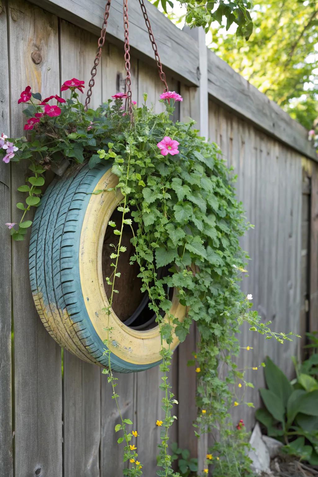 Hanging tire flower beds utilize vertical space beautifully.