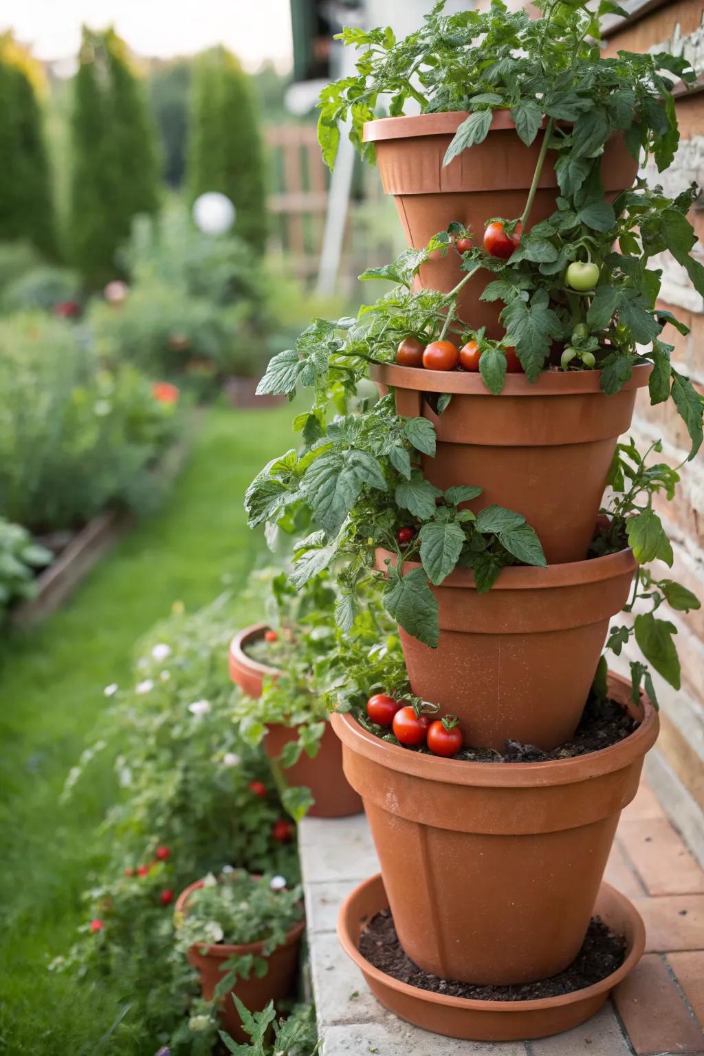 Terracotta pot towers make a stunning vertical tomato garden.