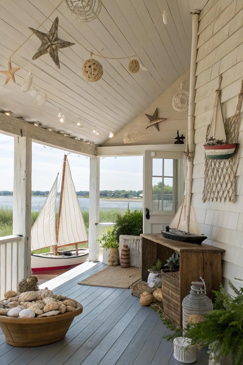 Seaside retreat with a nautical-inspired ceiling design.