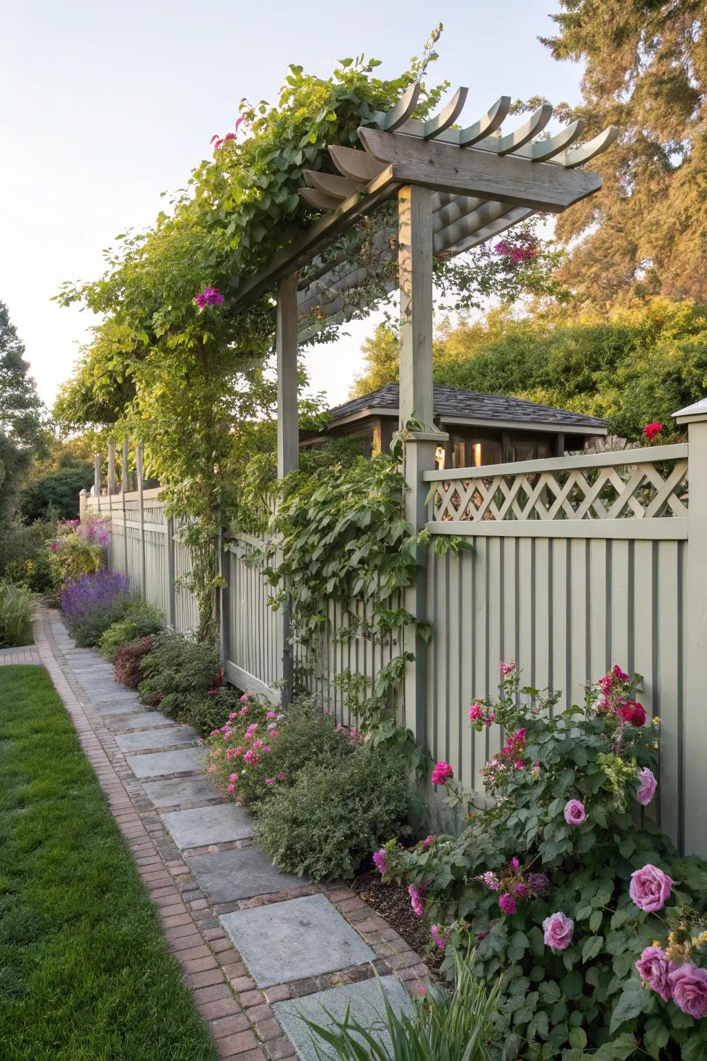 Pergola toppers add architectural interest and support for plants.