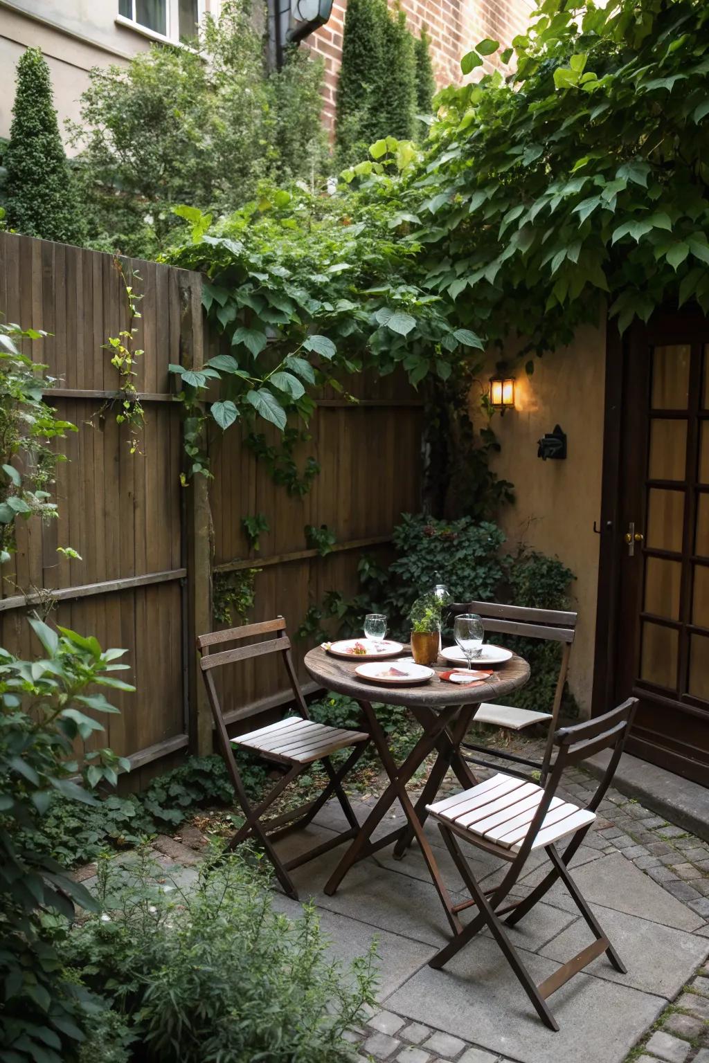 Enjoy meals outdoors with a cozy dining setup.