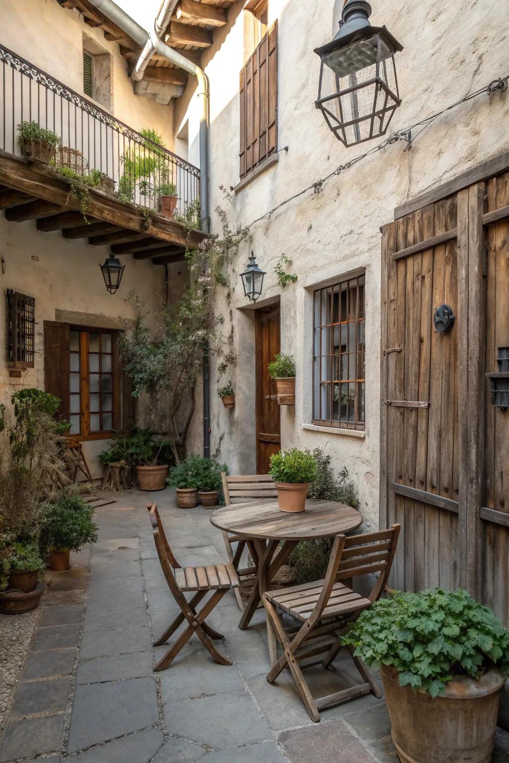 Rustic elements add charm and character to the courtyard.